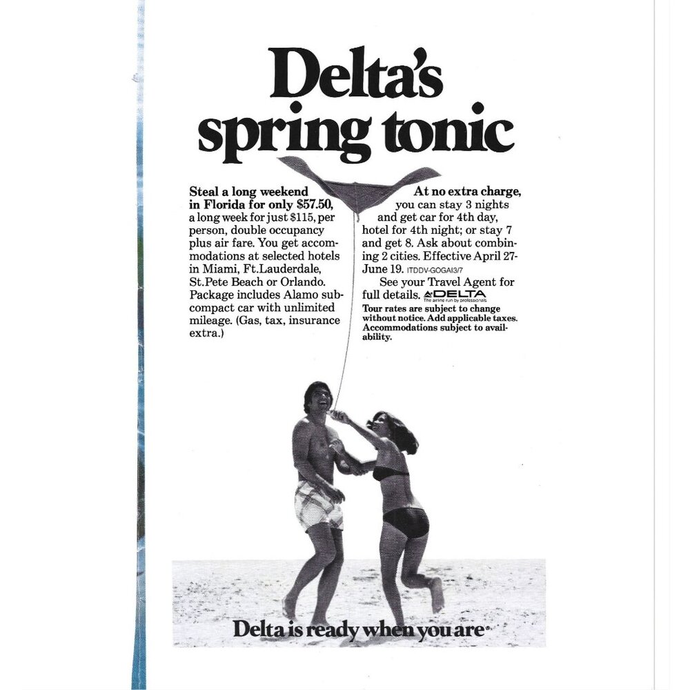 Airline Spring Tonic to Florida Kite Flying Beach AD 1970s Vintage Print Ad 9 in
